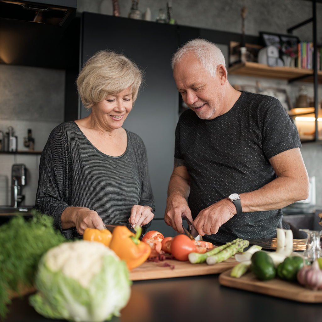 Smiling Slovak woman preparing fresh vegetables in a bright kitchen, showing joy in healthy meal preparation