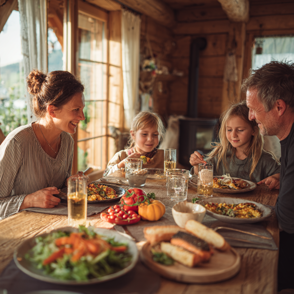 Group of Slovak adults of various ages enjoying a healthy meal together, laughing and sharing food in natural lighting